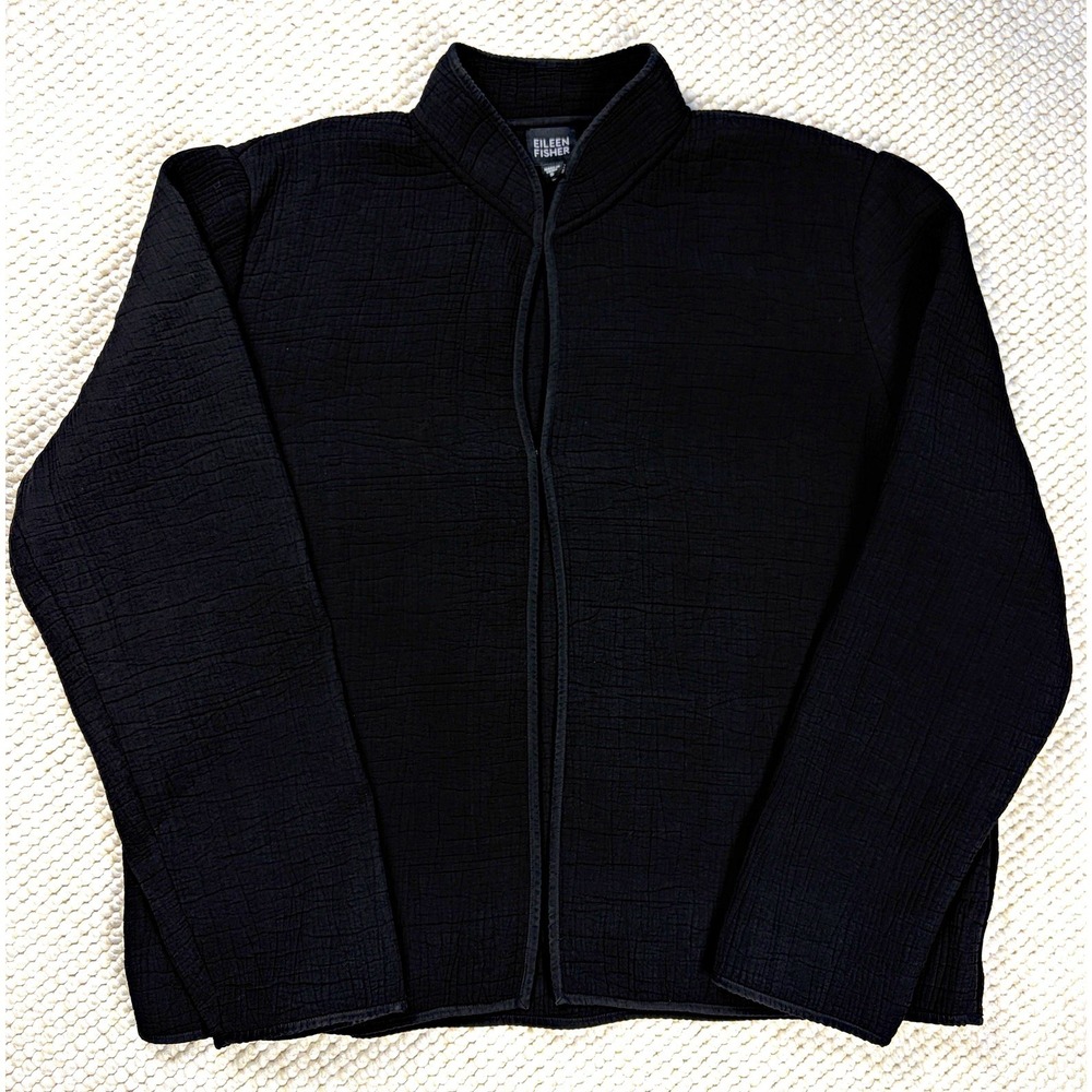 Eileen Fisher Black Silk Blend Crinkle Sponge Jacket Small Mandarin Stand Collar